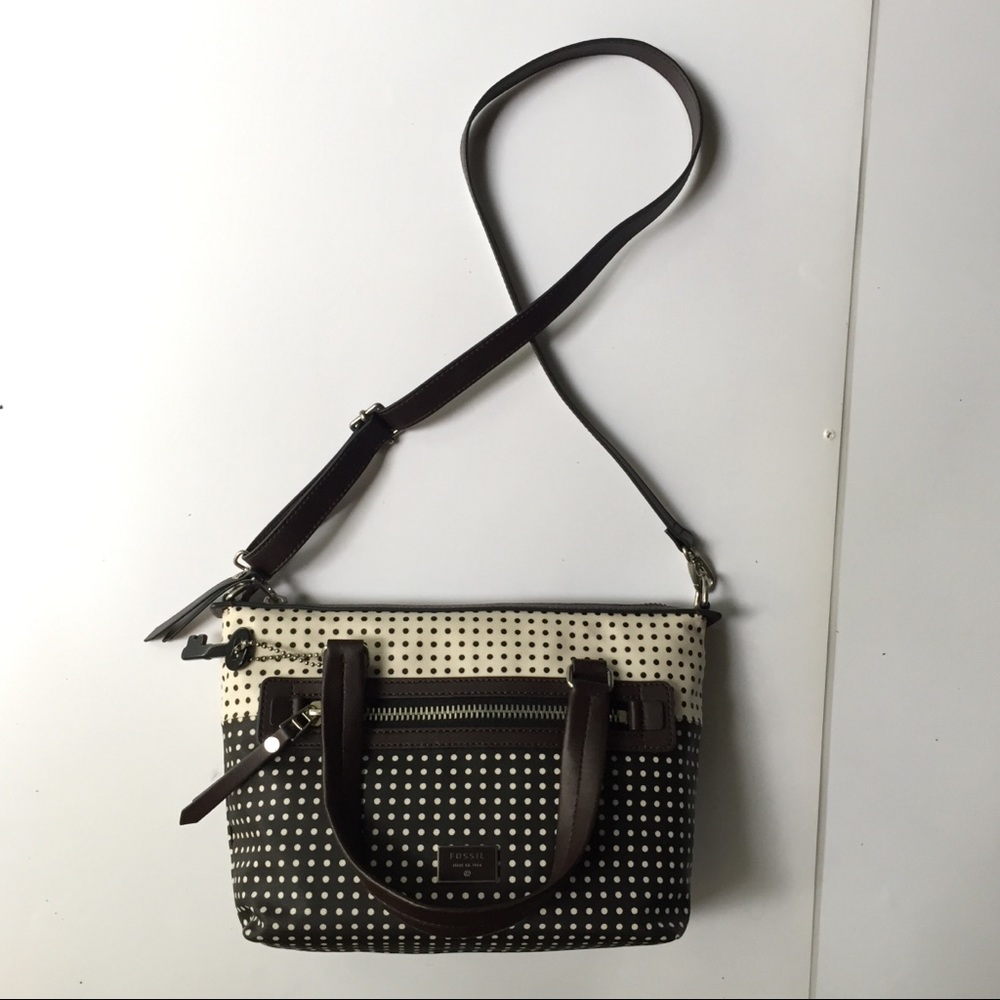 ☀️NEW Fossil Spotted Brown & White Zipper Satchel